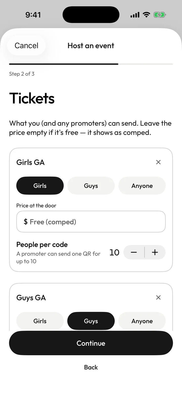 Hosting an event in Tally, step 2 of 3: ticket types Girls GA and Guys GA, a price at the door, and up to 10 people per code.